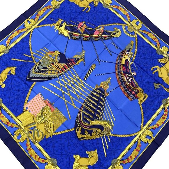 Auth HERMES Carre 90 - Navy Blue Multi Scarf - Picture 1 of 9